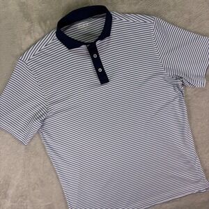 Harlestons Men's Polo Shirt Sz M Blue White Striped Tailored Fit Stretch Golf